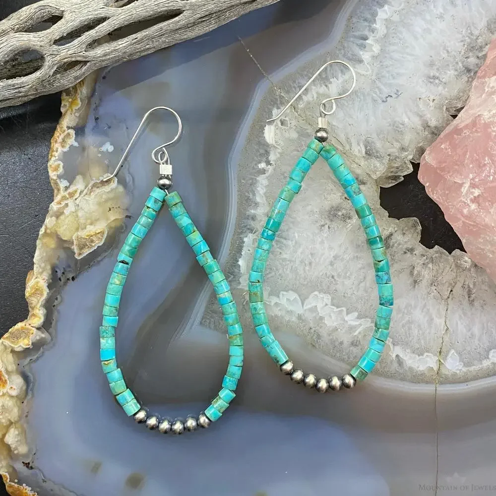 Sterling Turquoise Beads and Navajo Pearl Beads Hoop Earrings For Women - Picture 2 of 10